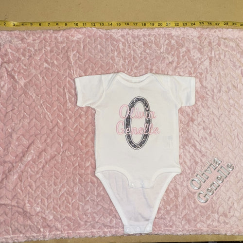 Single letter appliqué Onsie + baby blanket